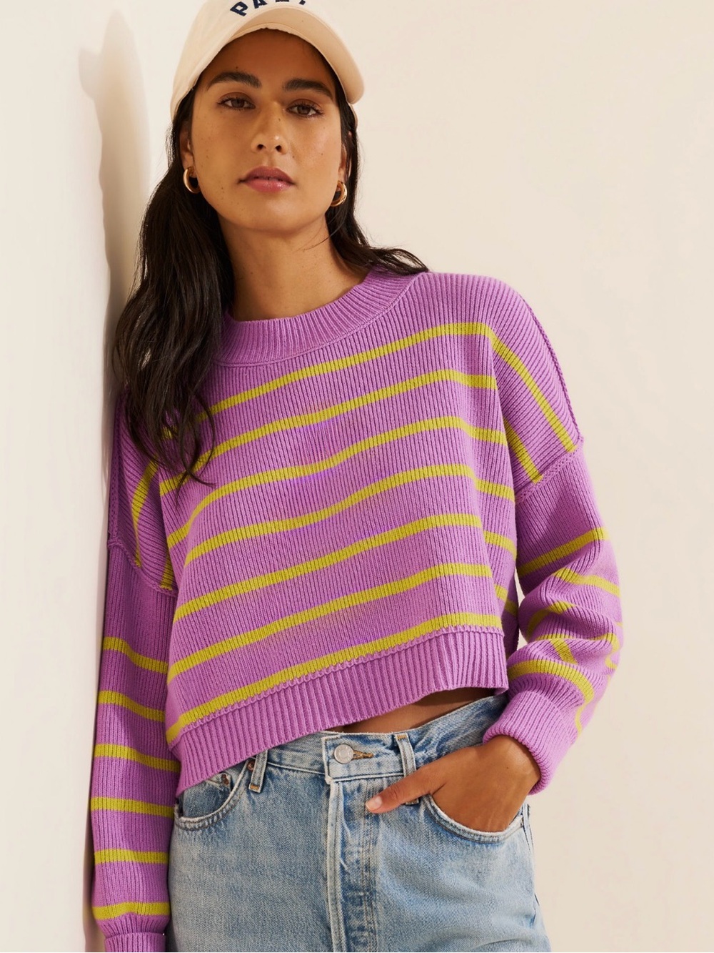 Free People Easy Street Crop Striped Pullover size Medium